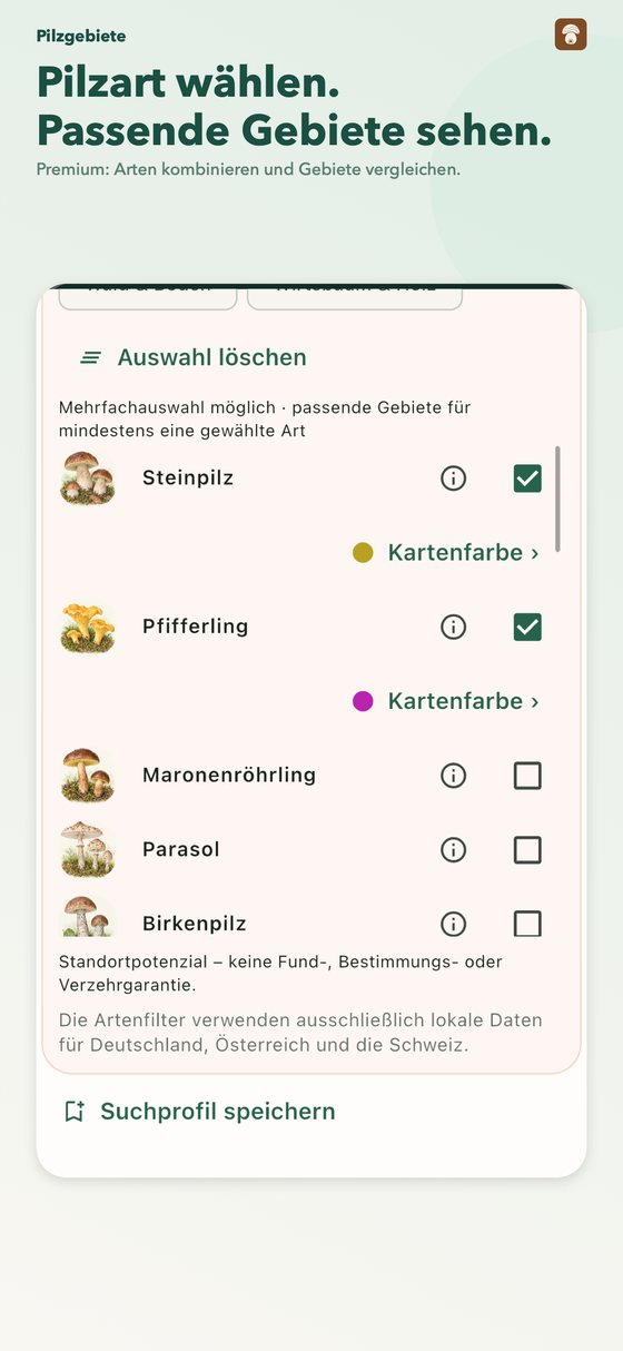 Artenfilter mit Mehrfachauswahl und eigener Kartenfarbe je Art