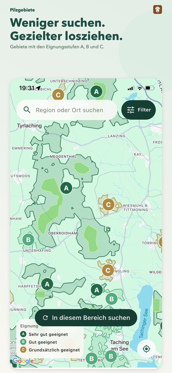 App-Karte mit Wald- und Naturgebieten in den Eignungsstufen A, B und C