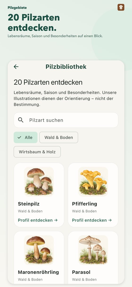 Pilzbibliothek mit 20 Pilzarten, Suche und Kategorien