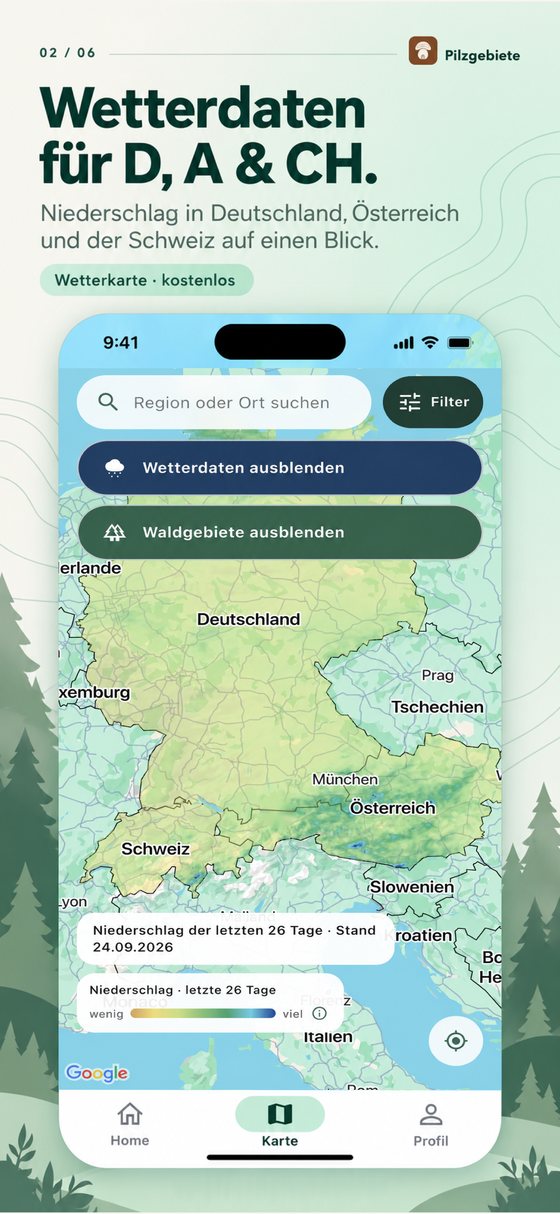 App-Wetterkarte mit dem Niederschlag der letzten 26 Tage über Deutschland, Österreich und der Schweiz
