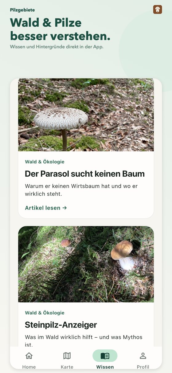 Wissen-Bereich der App mit Waldwissen-Beiträgen zu Parasol und Steinpilz-Anzeigern